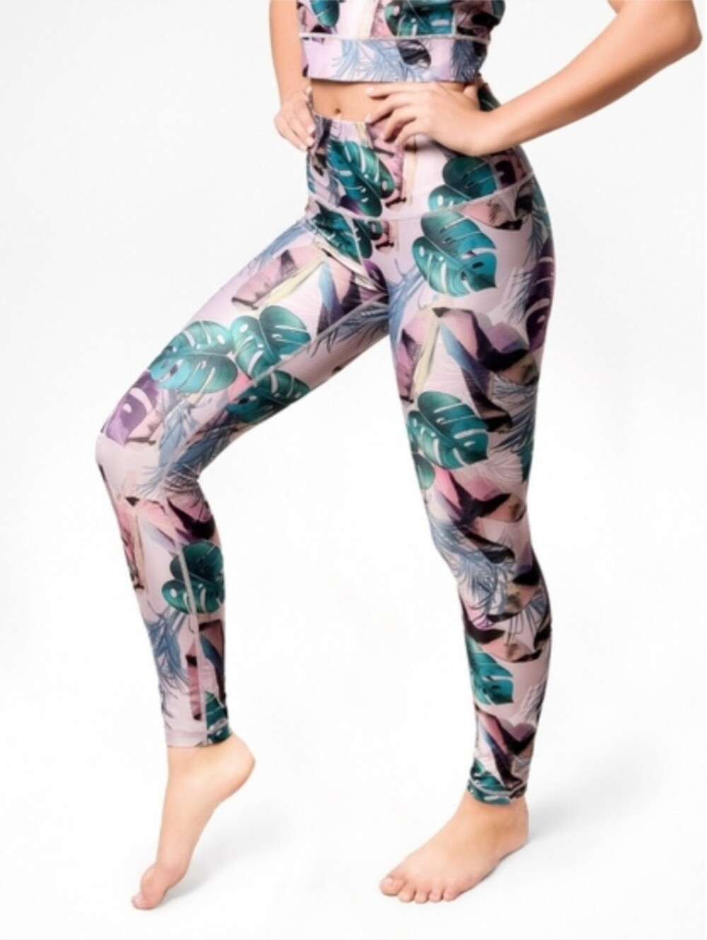 Playground Active Women's Pink Purple Green Tropical Leaf Leggings Sz Sm *NWOT
